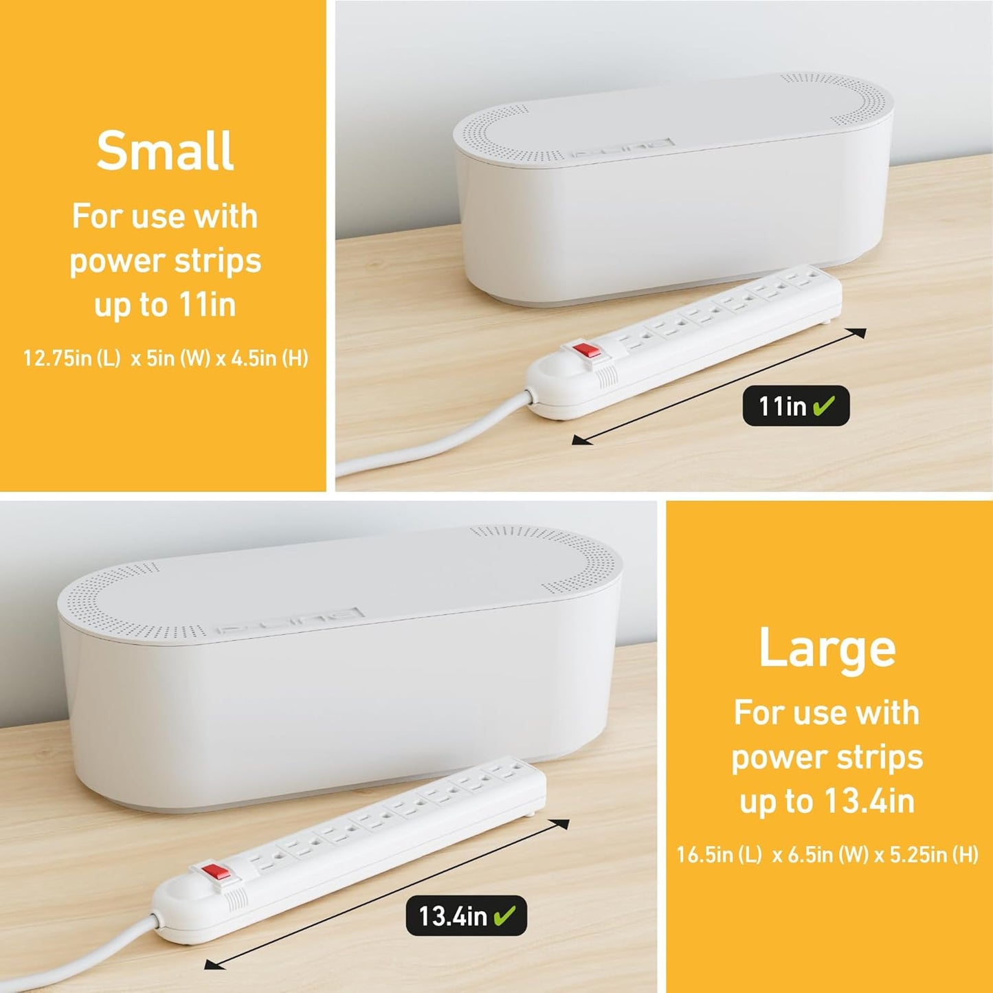 D-Line Cable Management Box, Power Strip Holder, Floor Outlet Hider, Desk Cord Organizer, Cover TV Wires, 12.75" (L) x 5" (W) x 4.5" (H), for use with Power Strips up to 10.5in Length - Small, White