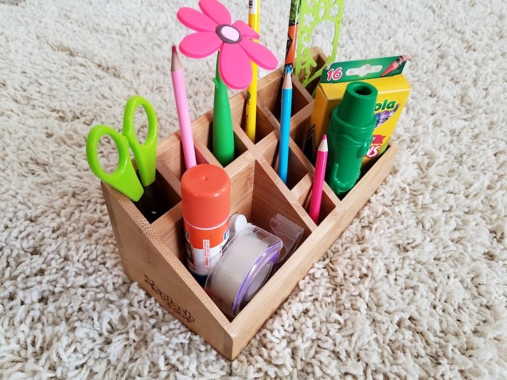 Small Multifunctional Bamboo Organizer | Desk Caddy | Home Office Accessory Tray | School Art Supply Holder | Pen Pencil Brush Compartment | Kitchen Bathroom Countertop Storage