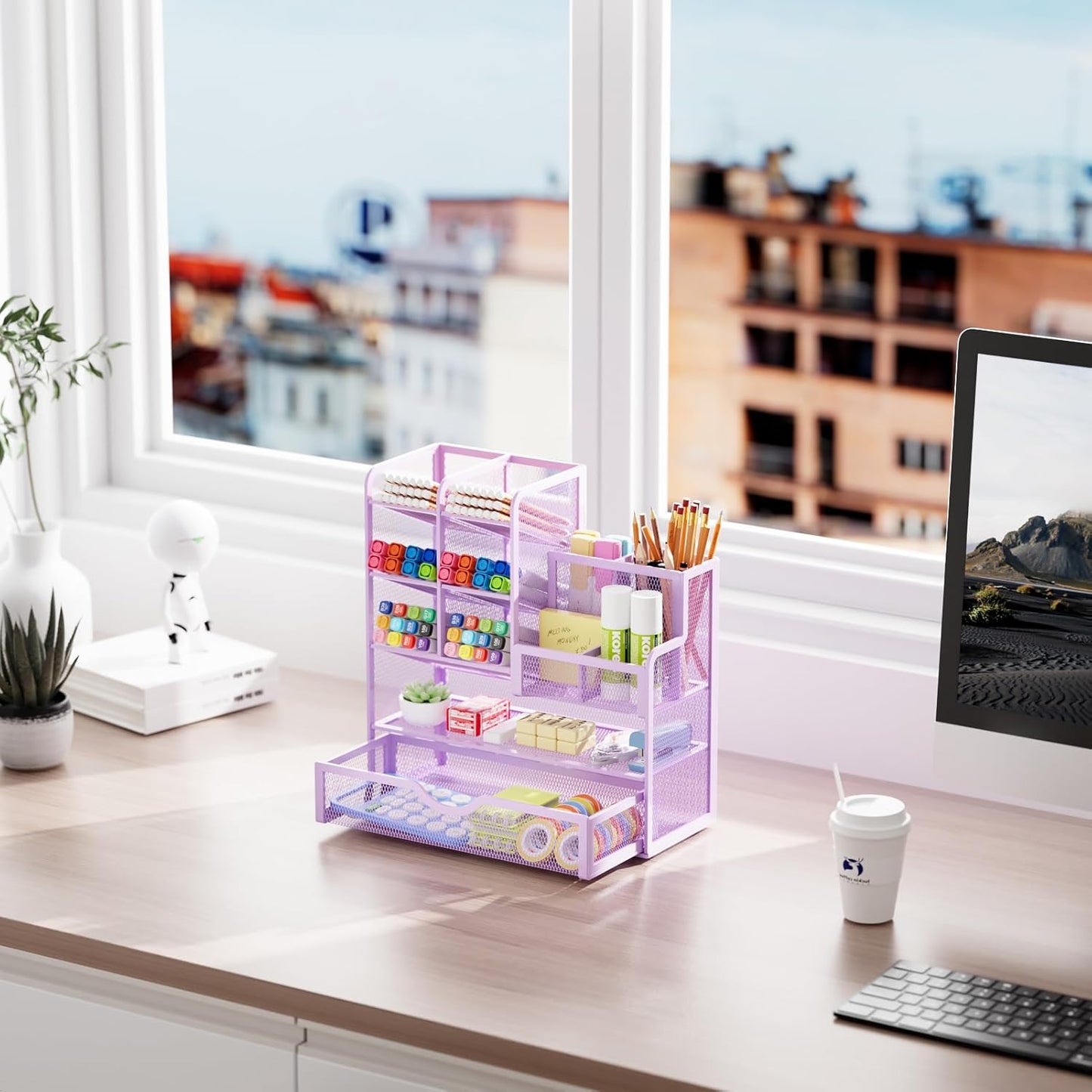 Marbrasse Mesh Pen Holder for Desk, Multi-Functional Pencil Organizer with Drawer, Desk Organizers and Accessories for Office Art Supplies (Black)