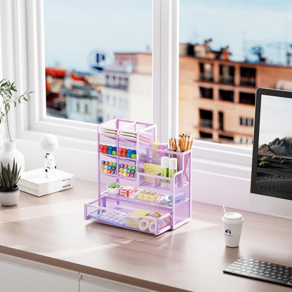 Marbrasse Mesh Pen Holder for Desk, Multi-Functional Pencil Organizer with Drawer, Desk Organizers and Accessories for Office Art Supplies (Black)