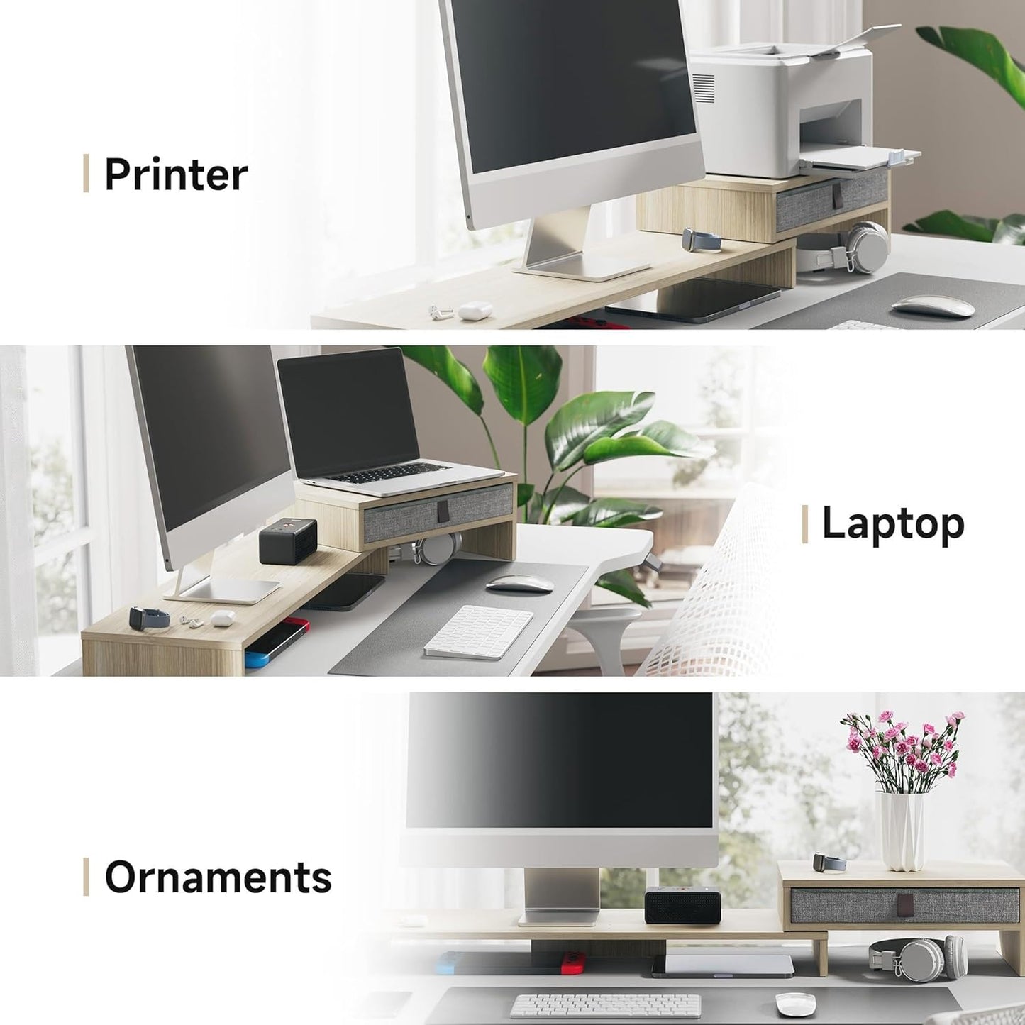 Fenge Computer Monitor Riser Stand with Drawer for 2 or 3 Monitors ,Adjustable Length and Angle Desktop Laptop Stand,Office Organizer,Printer,Black