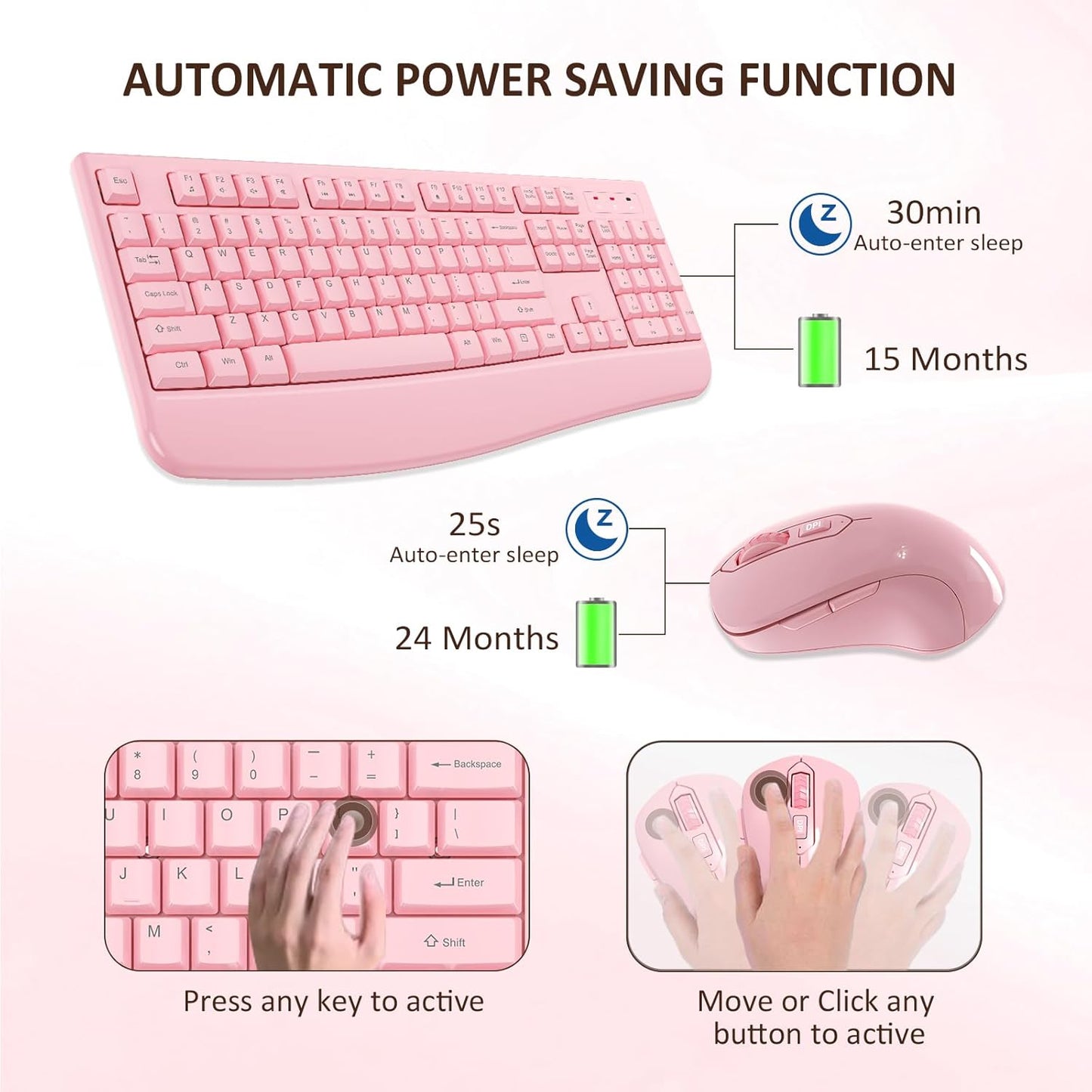 Wireless Keyboard and Mouse Combo, EDJO 2.4G Full-Sized Ergonomic Computer Keyboard with Wrist Rest and 3 Level DPI Adjustable Wireless Mouse for Windows, Mac OS Desktop/Laptop/PC