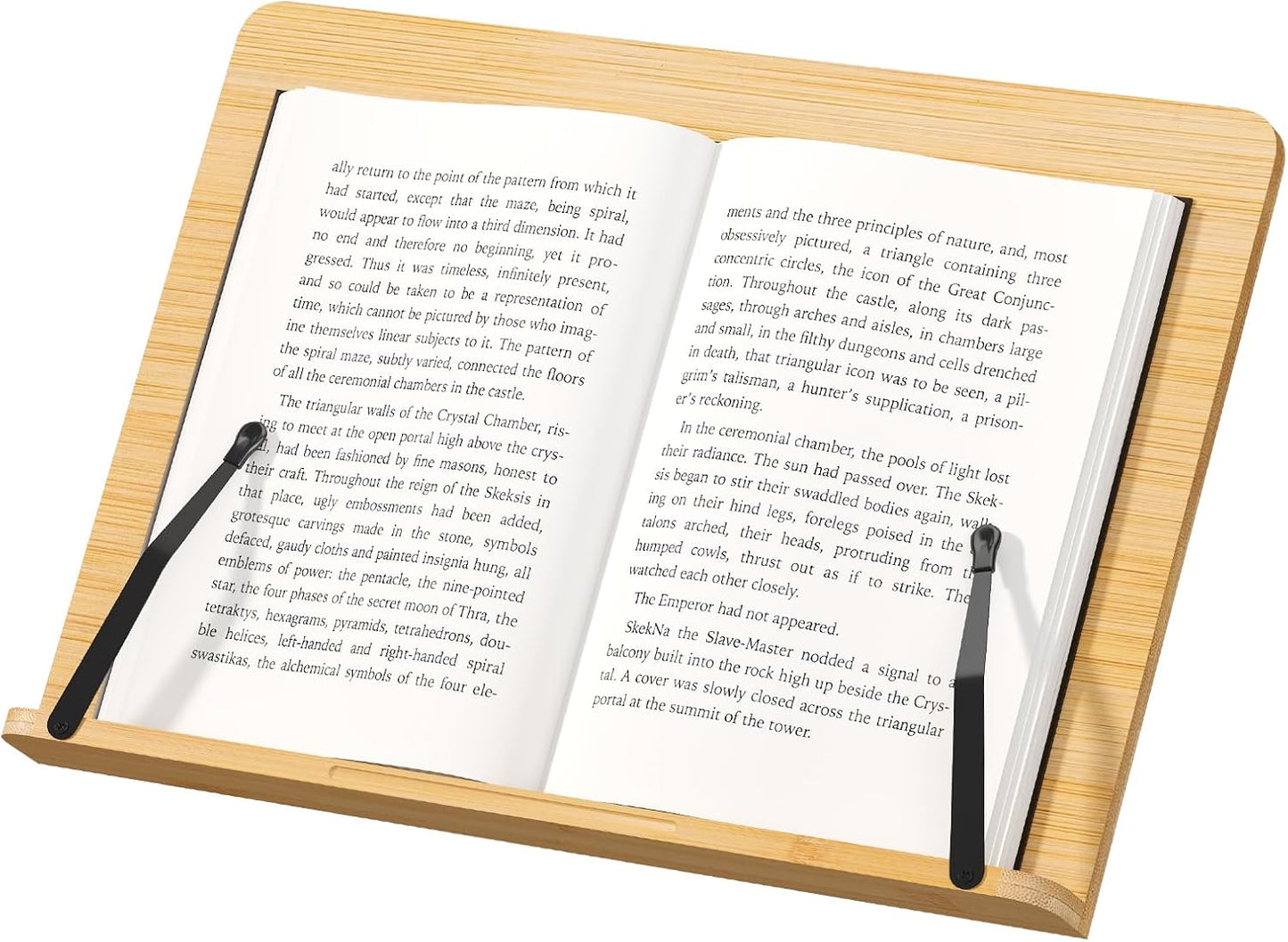Bamboo Book Stand, Adjustable Reading Holder with Page Clips, Portable Lightweight Desk Stand for Textbooks, Cookbooks (Small)