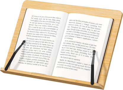 Bamboo Book Stand, Adjustable Reading Holder with Page Clips, Portable Lightweight Desk Stand for Textbooks, Cookbooks (Small)