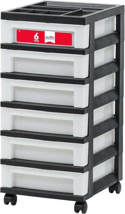 IRIS USA Plastic Drawer Storage Organizer Rolling Cart, with Wheels Casters, 4-Drawers, for Classroom Art Craft Supplies Dresser Closet Bathroom Laundry Room, Black/Pearl