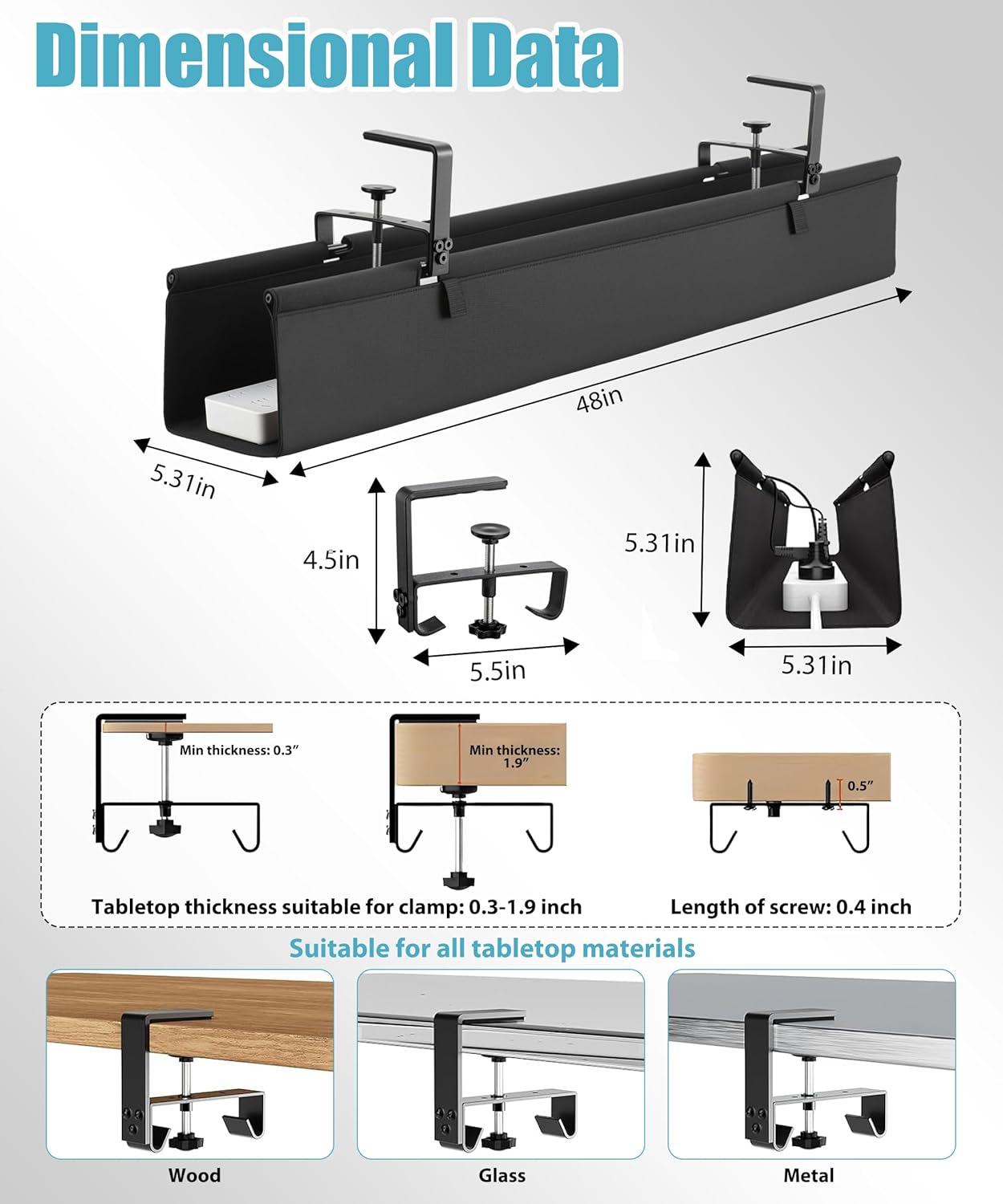 Oxford Cloth Under Desk Cable Management Tray,No-Drill 36" Desk Cable Management Organizer with Clip/Screw Installation,Fabric Cable Management for Home,Office & Gaming Computer(Black)