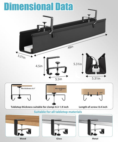Oxford Cloth Under Desk Cable Management Tray,No-Drill 36" Desk Cable Management Organizer with Clip/Screw Installation,Fabric Cable Management for Home,Office & Gaming Computer(Black)