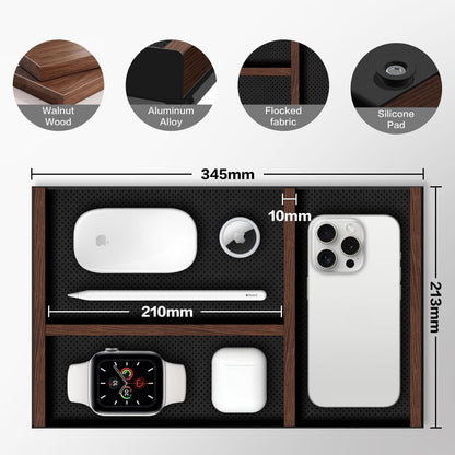 Desk Drawer Organizer Tray With Removable Magnetic Wooden Strip,Freely Adjustable Space,Made of Aluminum and Walnut,Valet Tray for Mens,Desk Accessories for Office/Home/Nightstand