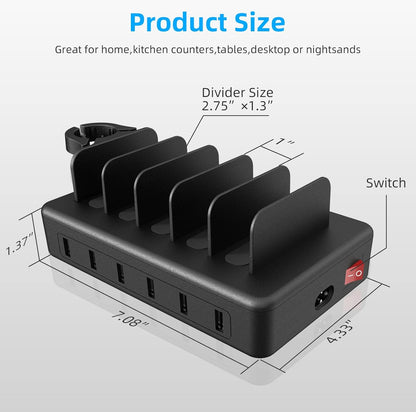 CREATIVE DESIGN Charging Station for Multiple Devices, 50W 6 Ports Charging Dock with 6 Cables Compatible with Cellphone,Tablet, Kindle, Apple Watch and Other Electronic