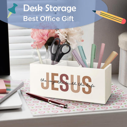 SNNDER Christian Pen Holder for Desk, Religious Christian Gifts for Women, Floral Boho Christian Bible Verses Wooden Pen Pencil Holder Organizer for Home Office Desk Accessories