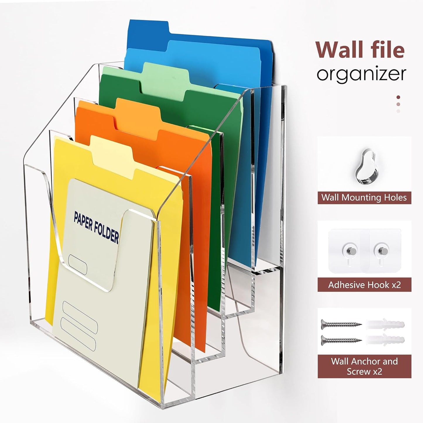 DINGHUO Acrylic Hanging Wall File Folder Organizer for Desk, Clear 3 Tier Document Paper Magazine Holder for Home, Office Organization, School - 1 Pack