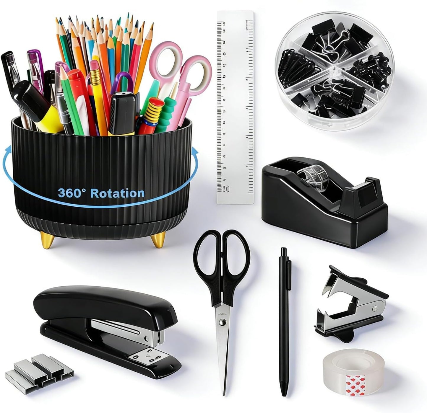 Gawsey Gold Desk Organizers and Accessories Set with 360-Degree Rotating Pen Holder, Acrylic Stapler, Tape Holder, Staple Remover, Binder/Paper Clips Kit, Scissor and 1 Box of Staples