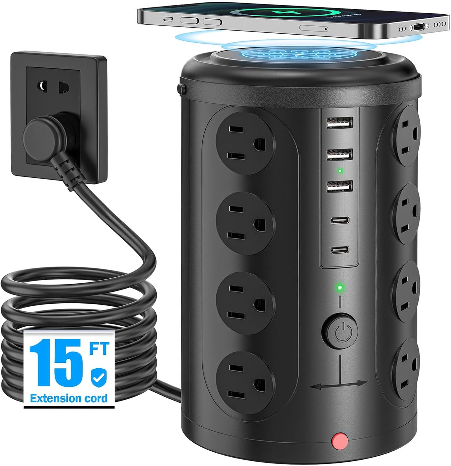 Surge Protector Power Strip - Desk Charging Station with 15W Wireless Charger, Multiple Outlets Charging Station with 16 2300J AC Outlets & 5 USB (2 USB C) Port, for Home, Office, Dorm Room