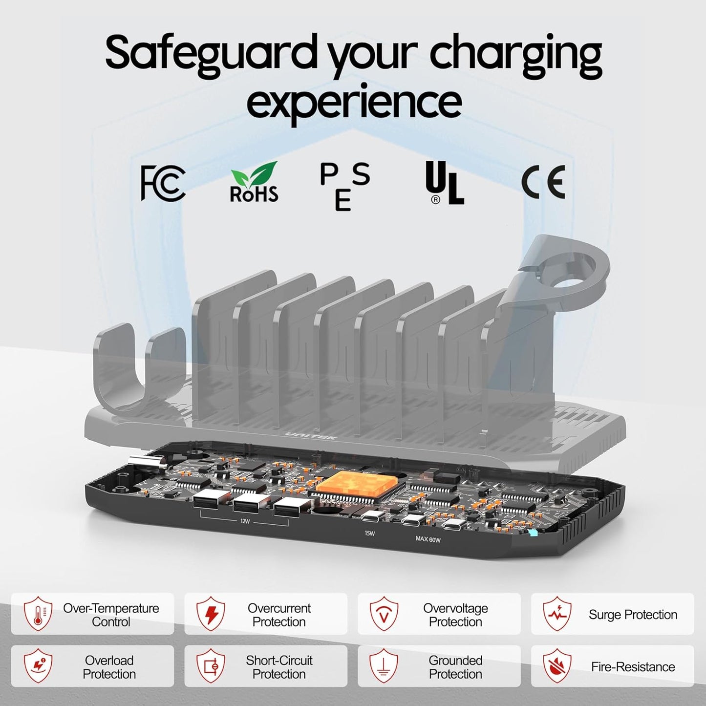 Unitek 10-Port Desktop Charging Dock Ultimate Charging Station for Multiple Devices, iPhones & Apple Products High-Speed USB Hub with LED Display for Office, Kitchen Counter, Desk Organizer