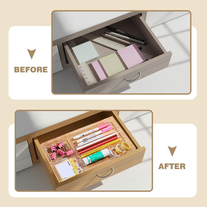 Briwooody Clear Acrylic Desk Drawer Organizer 11 x 6.1 x 1.38 Inch Storage Tray Organizer for Pens, Stationery, Desktop, Office, Bathroom, Kitchen, Makeup Supplies (6 Compartments)