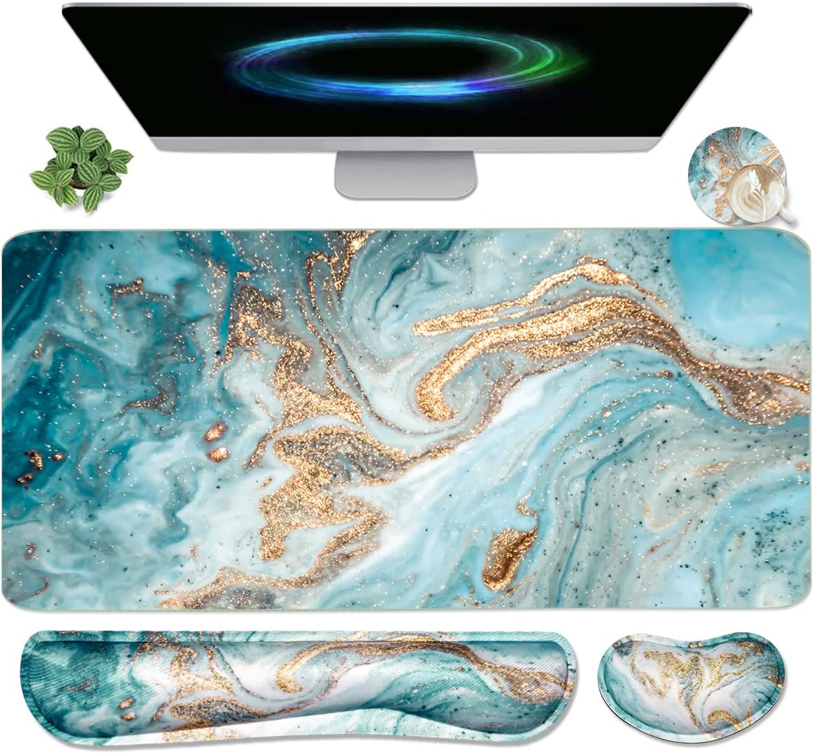 4-in-1 Large Gaming Mouse Pad, Keyboard Wrist Rest Pad & Wrist Support Mousepad Set, Extended Desk Pad Waterproof Desk Mat for Home Office Study Game-Black