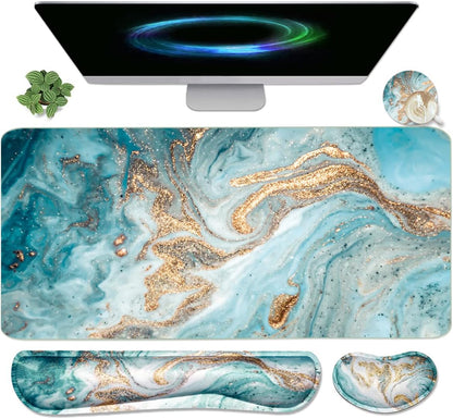 4-in-1 Large Gaming Mouse Pad, Keyboard Wrist Rest Pad & Wrist Support Mousepad Set, Extended Desk Pad Waterproof Desk Mat for Home Office Study Game-Black