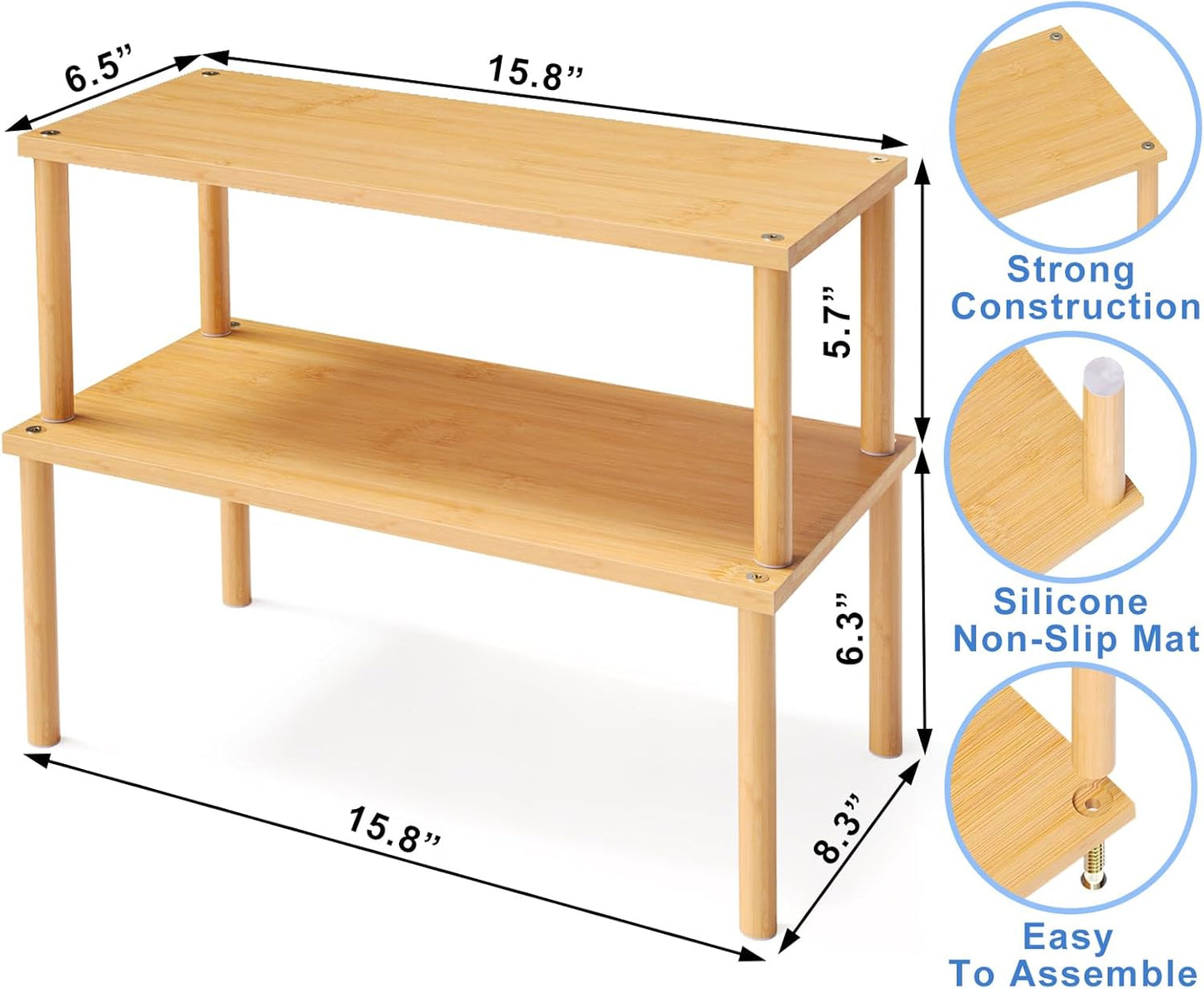 VERTORGAN Cabinet Organizer Shelf(Set of 2),Kitchen Counter Shelves,Bamboo Stackable Expandable Spice Rack Countertop(Medium)