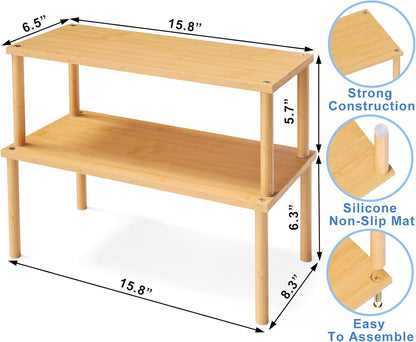 VERTORGAN Cabinet Organizer Shelf(Set of 2),Kitchen Counter Shelves,Bamboo Stackable Expandable Spice Rack Countertop(Medium)