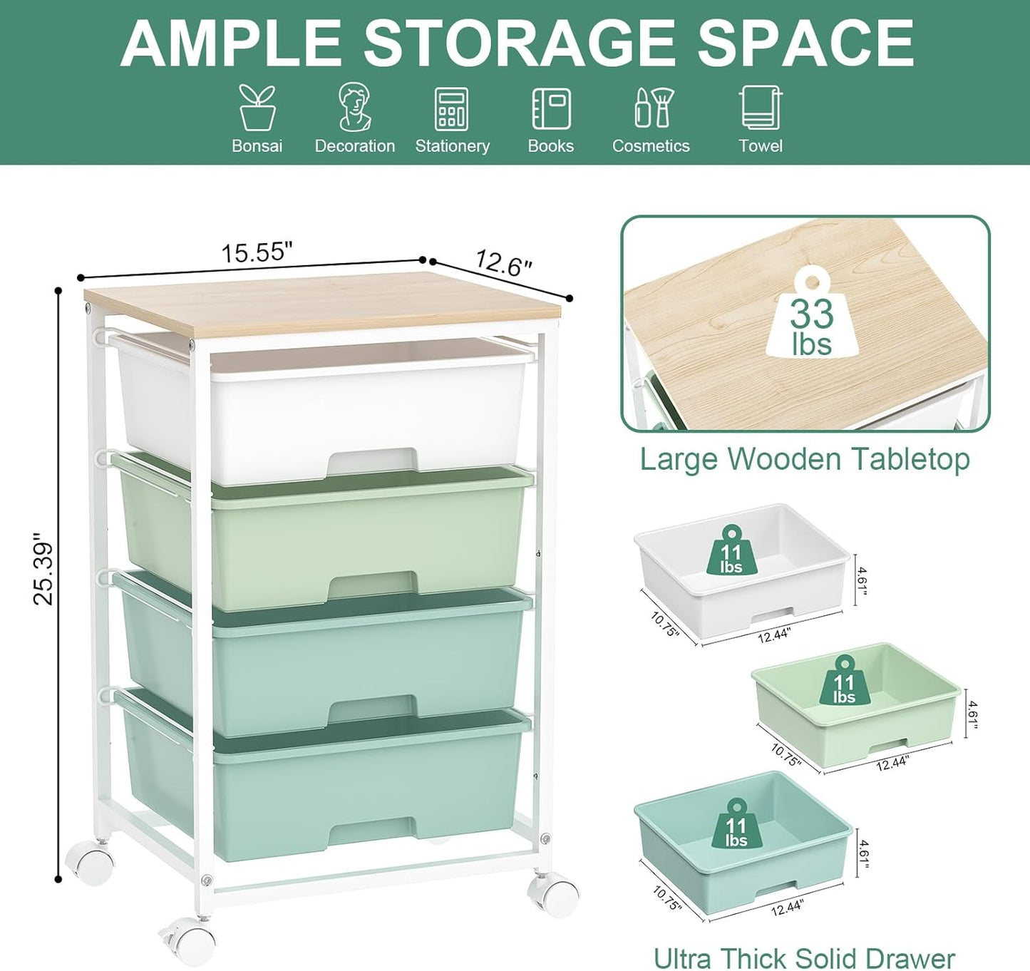 SYKIARIOL Utility Cart with 4 Drawers, Multipurpose Rolling Storage Cart with 4 Drawers and 2 Lockable Wheels, 4-Tier Rolling Storage Cart Organizer for Home Office Dorm, Bright White