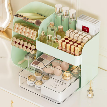 Booklov Makeup Organizer for Vanity, Countertop Cosmetic Display Case with Clear Acrylic Drawers, Bathroom Counter Beauty Caddy, Cute Table Storage Holder for Skincare, Brush Lipsticks, Crystal White