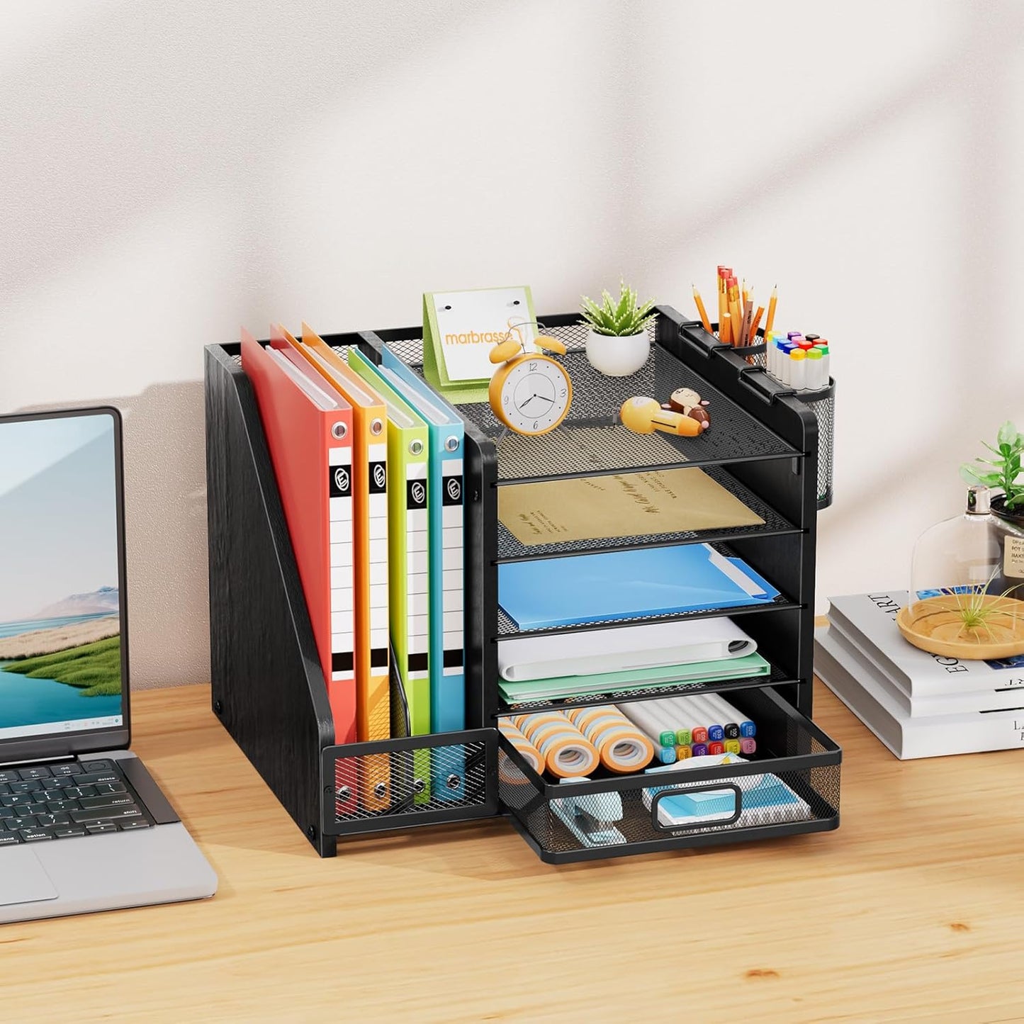Marbrasse Desk Organizer with File Holder, 5-Tier Paper Letter Tray Organizer with Drawer and 2 Pen Holder, Mesh Desktop Organizer and Storage with Magazine Holder for Office Supplies(Black)