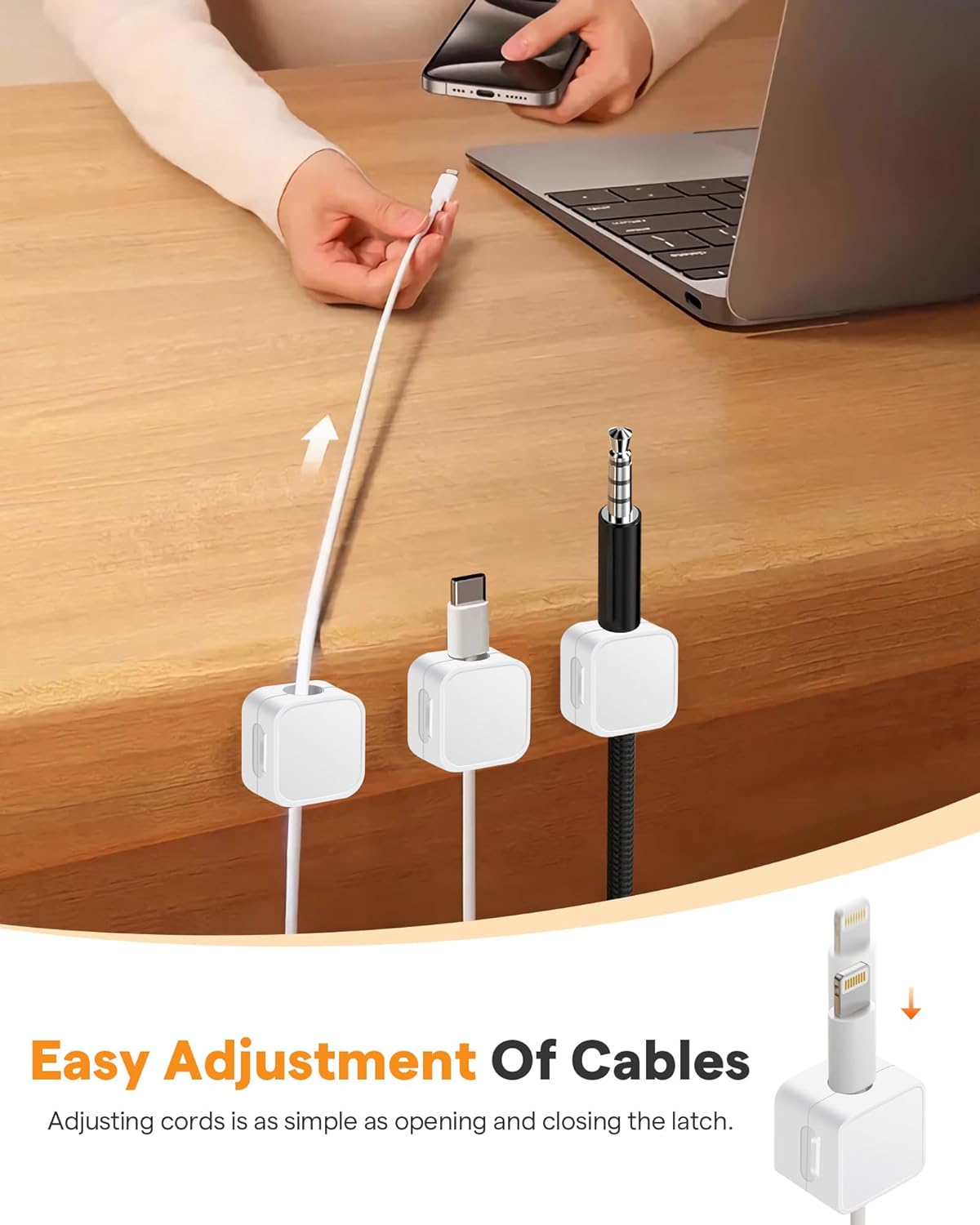 6 Pack Magnetic Cable Clips+2 Sheets (20 Lables) Cute Self-Adhesive Sticker Lables, 11.5mm Ultra Slim Smooth Adjustable Cord Organizer, Under Desk Cable Management for Home/Office/Kitchen/Nightstand