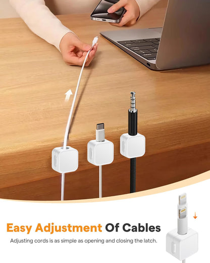 6 Pack Magnetic Cable Clips+2 Sheets (20 Lables) Cute Self-Adhesive Sticker Lables, 11.5mm Ultra Slim Smooth Adjustable Cord Organizer, Under Desk Cable Management for Home/Office/Kitchen/Nightstand
