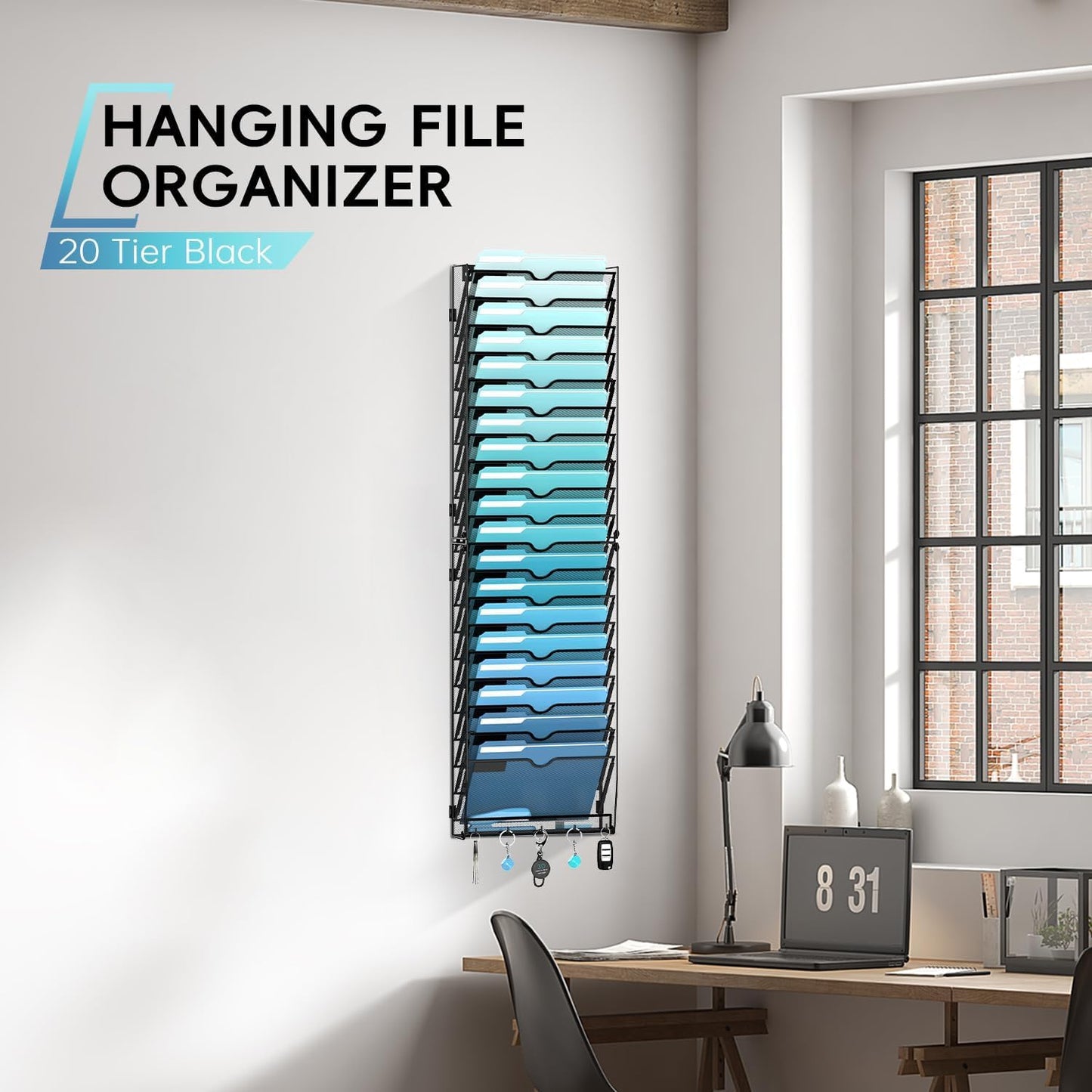 5 Tier Wall File Organizer - Hanging File Organizer with 5 Hooks, Mail Holder Wall Mounted for Papers, Folders, Magazines, Bills, Office&School Organization, Black
