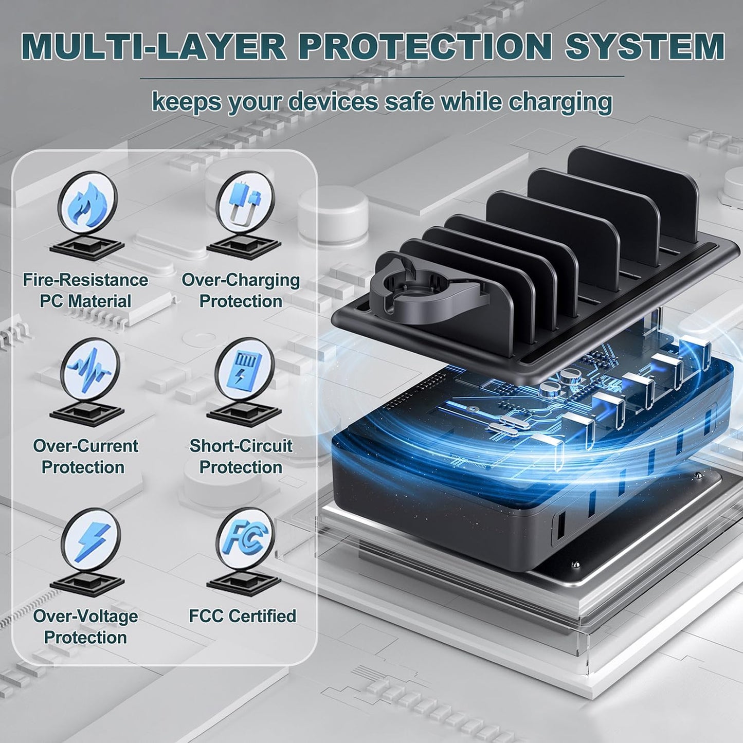 Charging Station for Multiple Devices, 6 Port 50W Fast Multi Charger Station Charging Dock with 6 Mixed Charging Cables for iPhone, iPad, Kindle, Tablet, Cellphone and Others