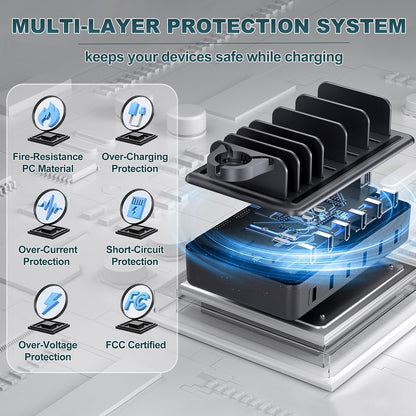 Charging Station for Multiple Devices, 6 Port 50W Fast Multi Charger Station Charging Dock with 6 Mixed Charging Cables for iPhone, iPad, Kindle, Tablet, Cellphone and Others