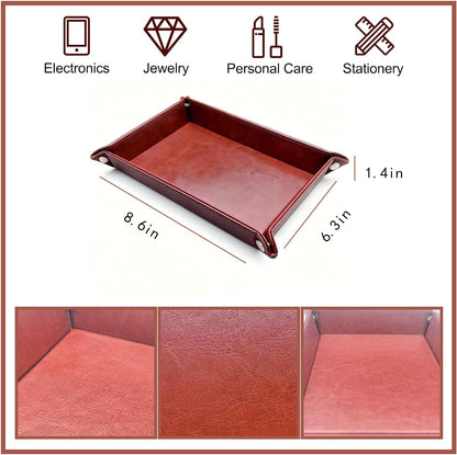 Leather Valet Tray Organizer, Catchall Tray, Desktop Storage for Keys, Coins, Wallet, Phone, Jewelry | Multi-Use Entryway Table, Desk & Nightstand Storage for Men & Women (Maroon)