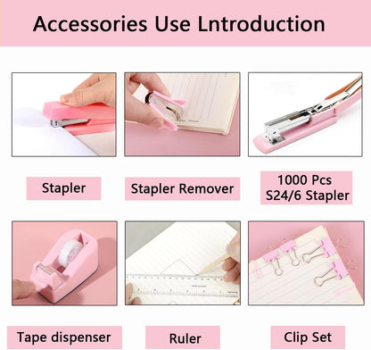 suniya Office Supplies,Gold Desk Accessories,with Stapler,Tape Dispenser,Pen Holder,Scissors,Phone Stand,Staple Remover,Ballpoint Pen,Clear Tape, Staples,Ruler,Clips,Best Gift for Business or Boss