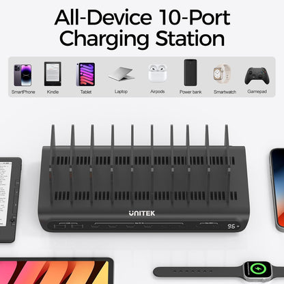 Unitek 10-Port Desktop Charging Dock Ultimate Charging Station for Multiple Devices, iPhones & Apple Products High-Speed USB Hub with LED Display for Office, Kitchen Counter, Desk Organizer