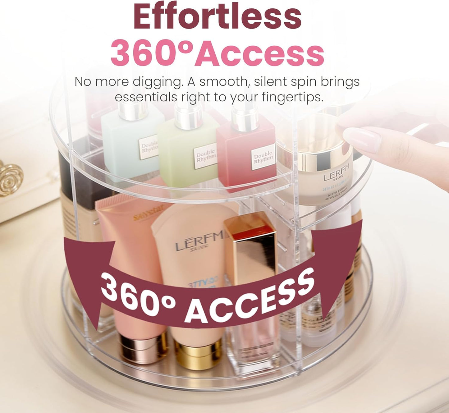 Masirs Small 360 Rotating Makeup Organizer - Mini Yet Spacious Cosmetic Storage Solution with Multiple Compartments - The Perfect Spinning Make-Up Caddy for Vanity or Bathroom Counter (Round - Clear)