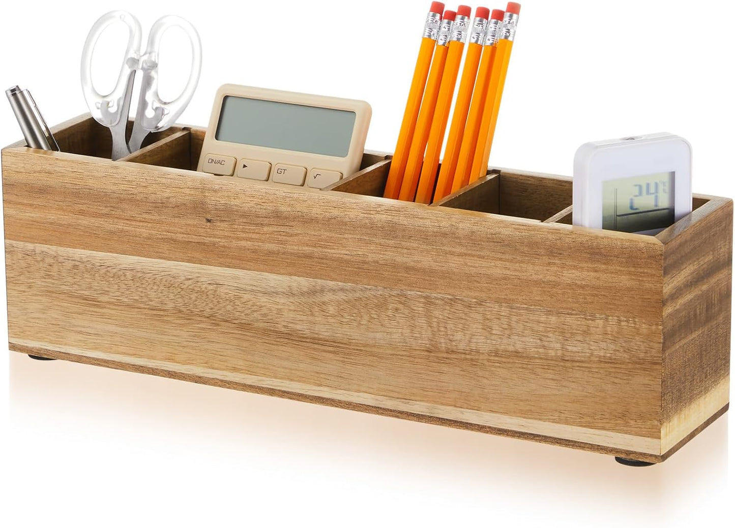 Jetec Wooden Pencil Holder 5 Compartments for Desk Adjustable Pen Holder Wood Office Desk Organizers and Accessories Makeup Brush Organizer for Pen, Home, Office and Art Supplies (White)