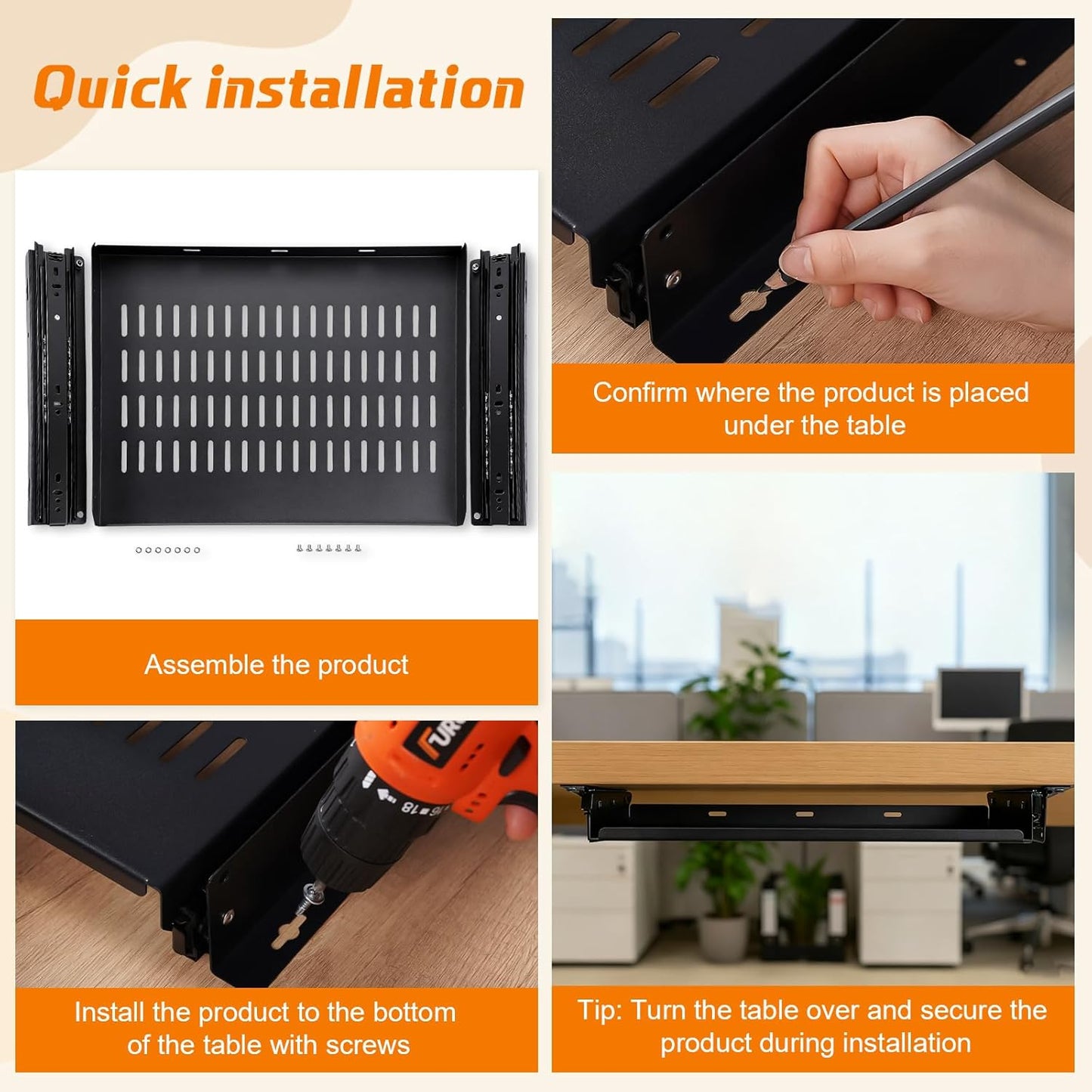 Sliding Under Desk Laptop Mount Shelf with Air Vents 16.3" W x 12" D Metal Under Desk Slide Out Tray Laptop Storage Tray for Home Office Standing Desks Workstations Cabinet Gaming