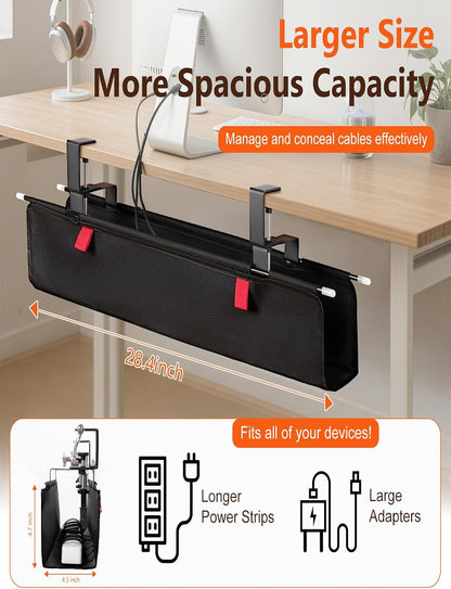 No Drill Under Desk Cable Management Tray - 28" Cord Management Under Desk - No Drill Needed - Easy Clamp - Premium Fabric Cable Management Tray for Office/Home