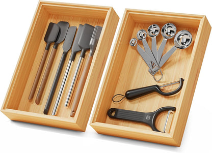Bamboo Kitchen Drawer Organizer Set of 2, Stackable 15" x 6" Wood Silverware Utensil Tray for Drawers Bins, Cutlery & Flatware Storage – Wooden Boxes Organizers for Junk Drawer, Bathroom, RV
