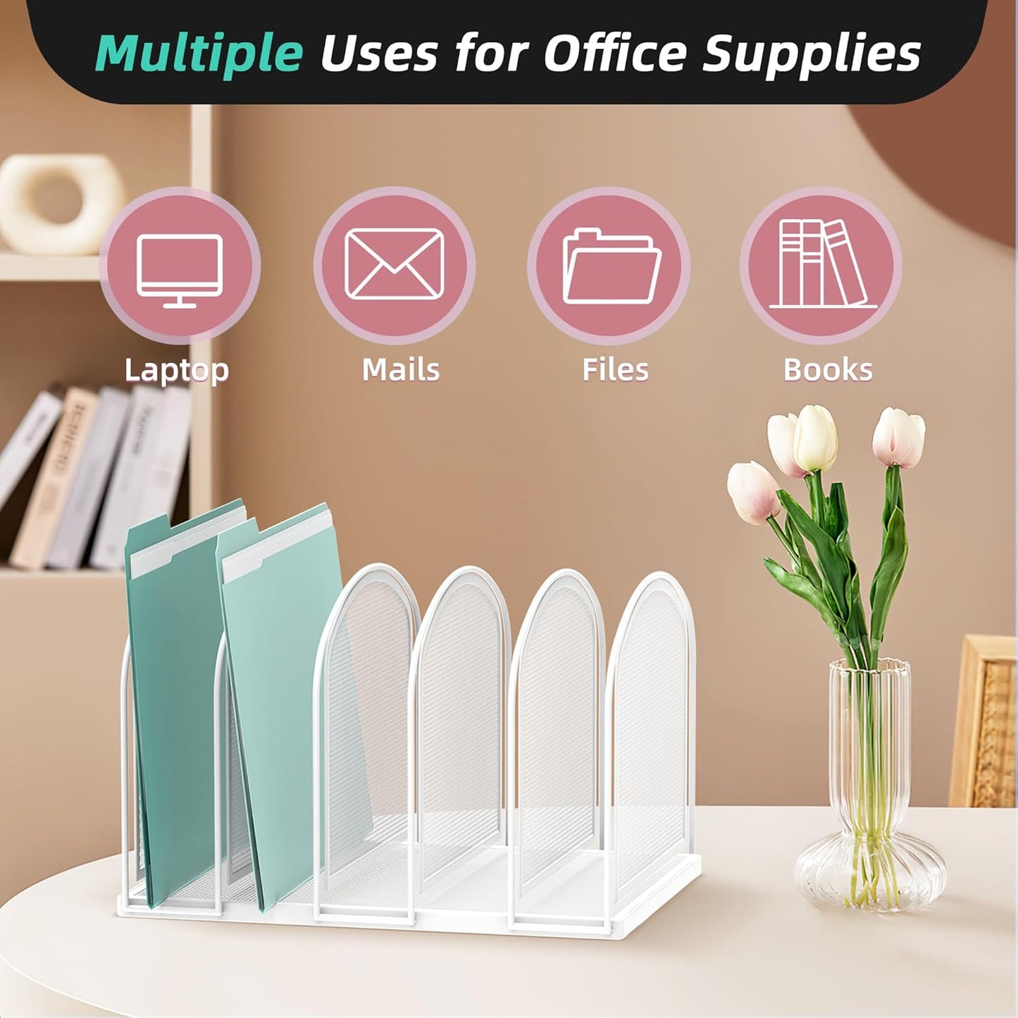 SUPEASY File Organizer for Desk, 5-Section Mesh Desk Organizer, Vertical File Holder Desktop Organizer File Sorter, File Folder Holder for Office Supplies, Black