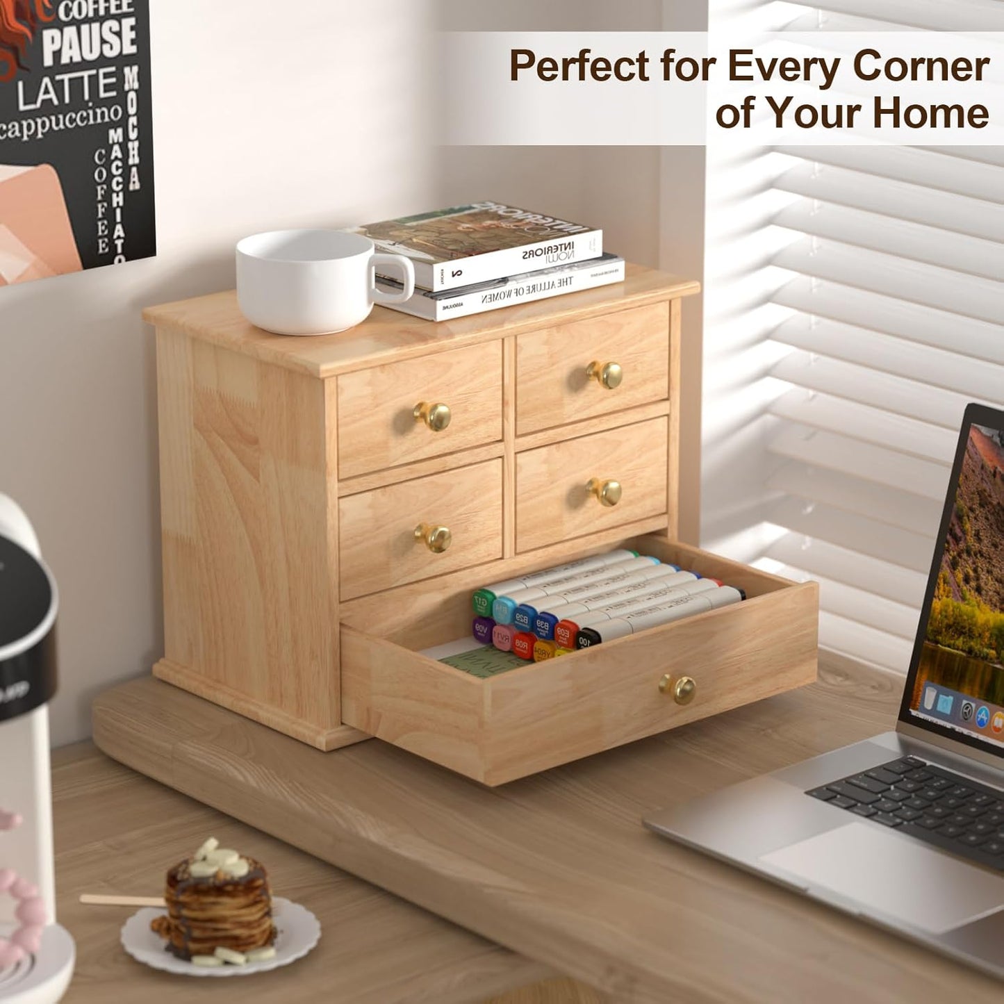 Oak Desk Organizer with Drawers, Durable Wooden Desktop Storage Box with Metal Handles & Non-Slip Silicone Pads, 4 Drawer Tabletop Organizer for Office, Bedroom, Bathroom, Vanity, and Makeup – Walnut