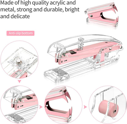 Office Supplies Set Desk Accessory Kit, Acrylic Stapler Set Staple Remover, Tape Dispenser, Binder Clips, Paper Clips, Ballpoint Pen and Scissor with 1000 Pieces 26/6 Staples (Silver)