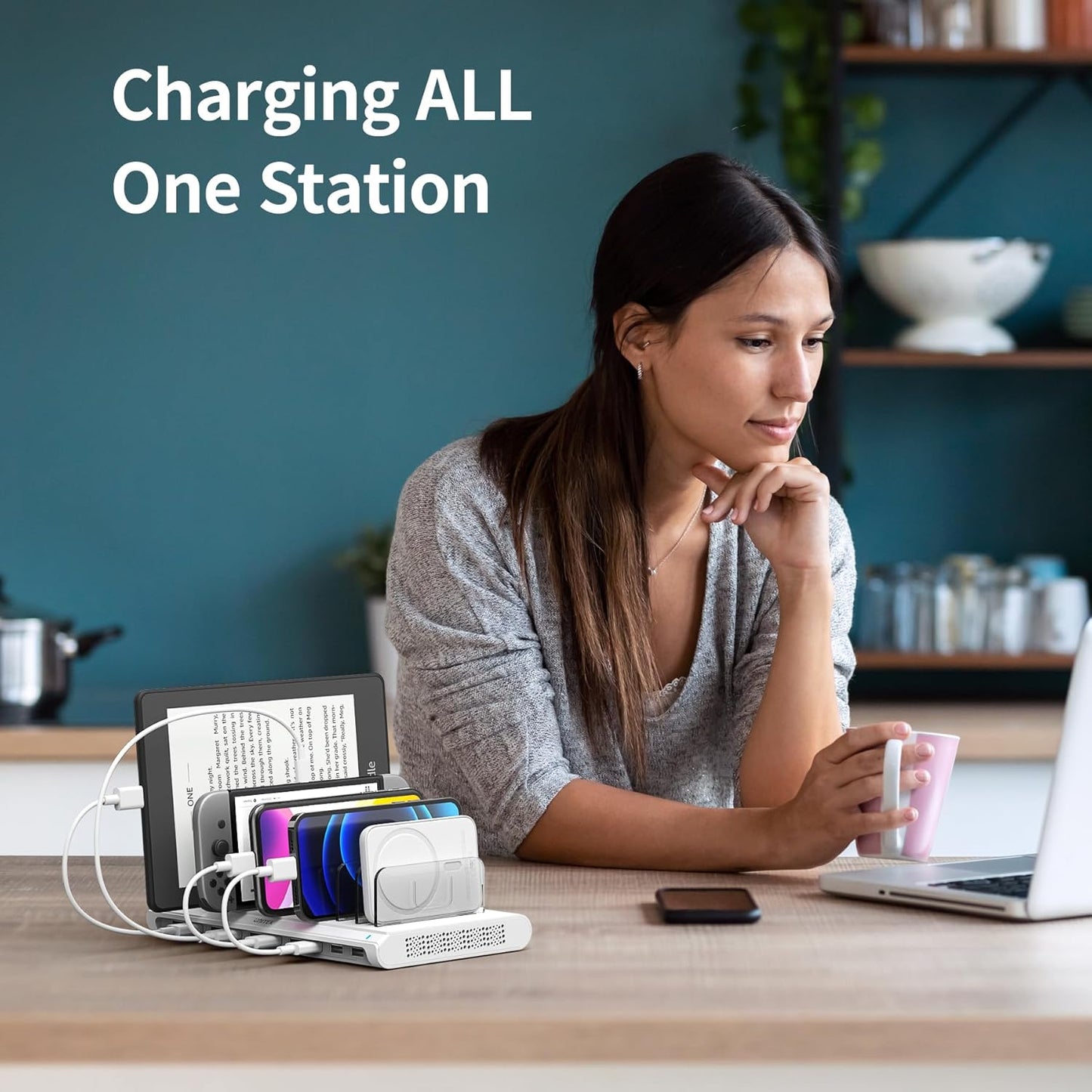 Unitek Charging Station for Multiple Devices, 10-Port USB Charger with SmartIC Technology and Adjustable Dividers, Organizer Stand Compatible with iPad, Tablet, Kindle, iPhone, White