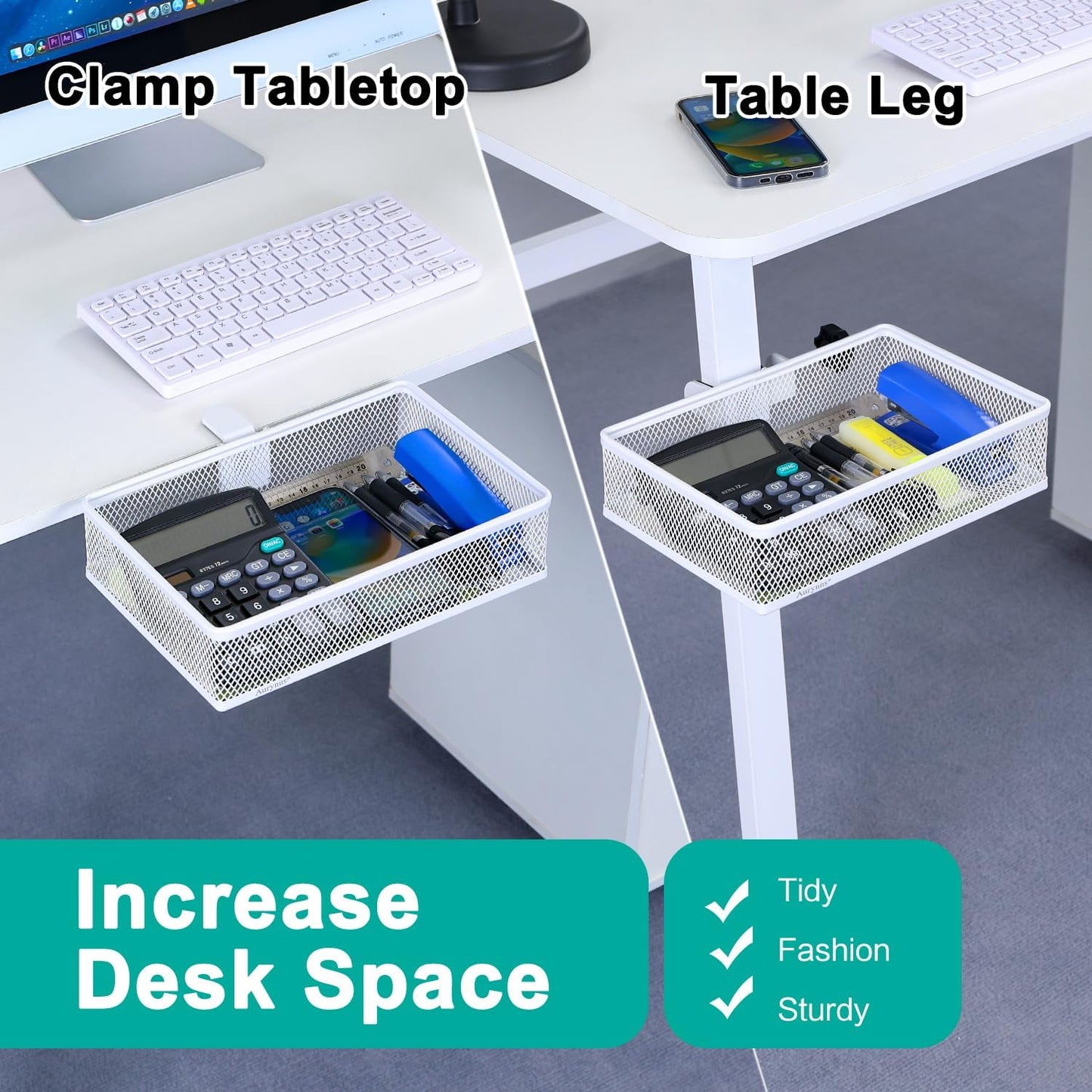 Under Desk Drawer Organizer - Clamp-On Above or Below Desk Mesh Drawer for Office Accessories, Storage Tray, and Desktop Organizer (White - Small)