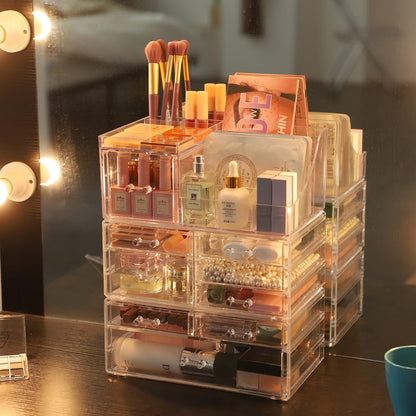 Cq acrylic 2 Pack Clear Make up Organizer Countertop,Stackable 5 Drawers Makeup Storage,Cute Vanity Organizers for dresser Hair Clip,Jewelry,Beauty Product Desk and Bathroom Organizers and Storage
