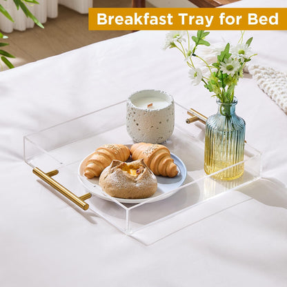 12"x16" Clear Acrylic Serving Tray with Golden Handles, Sturdy Huge Capacity Acrylic Tray for Coffee, Juice, Kitchen and Desk Organizer, Storage Tray (12"x16")