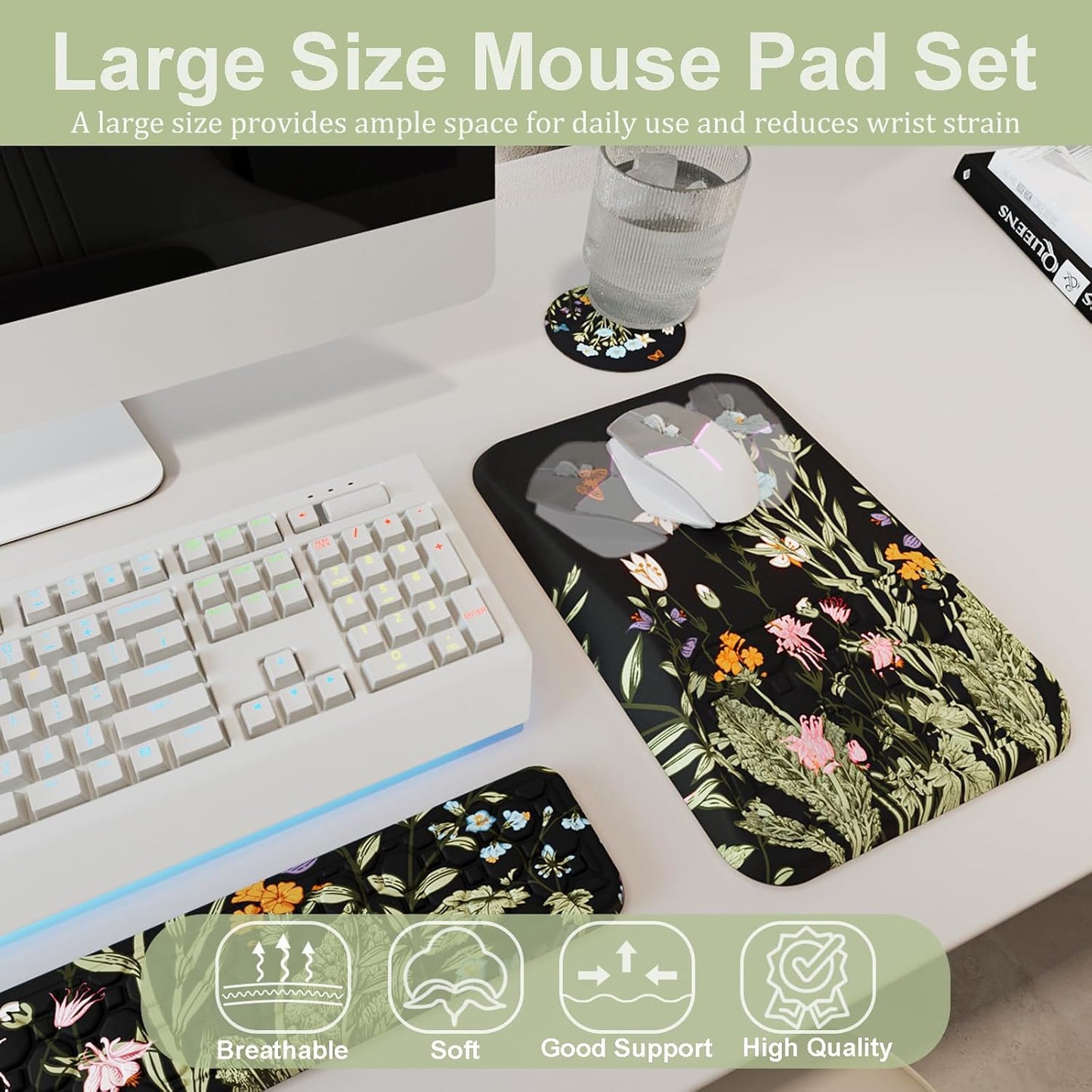 Ospelelf Mouse Pad with Wrist Rest and Keyboard Wrist Rest, Ergonomic Wrist Rest for Computer, Office, Gaming, Pink