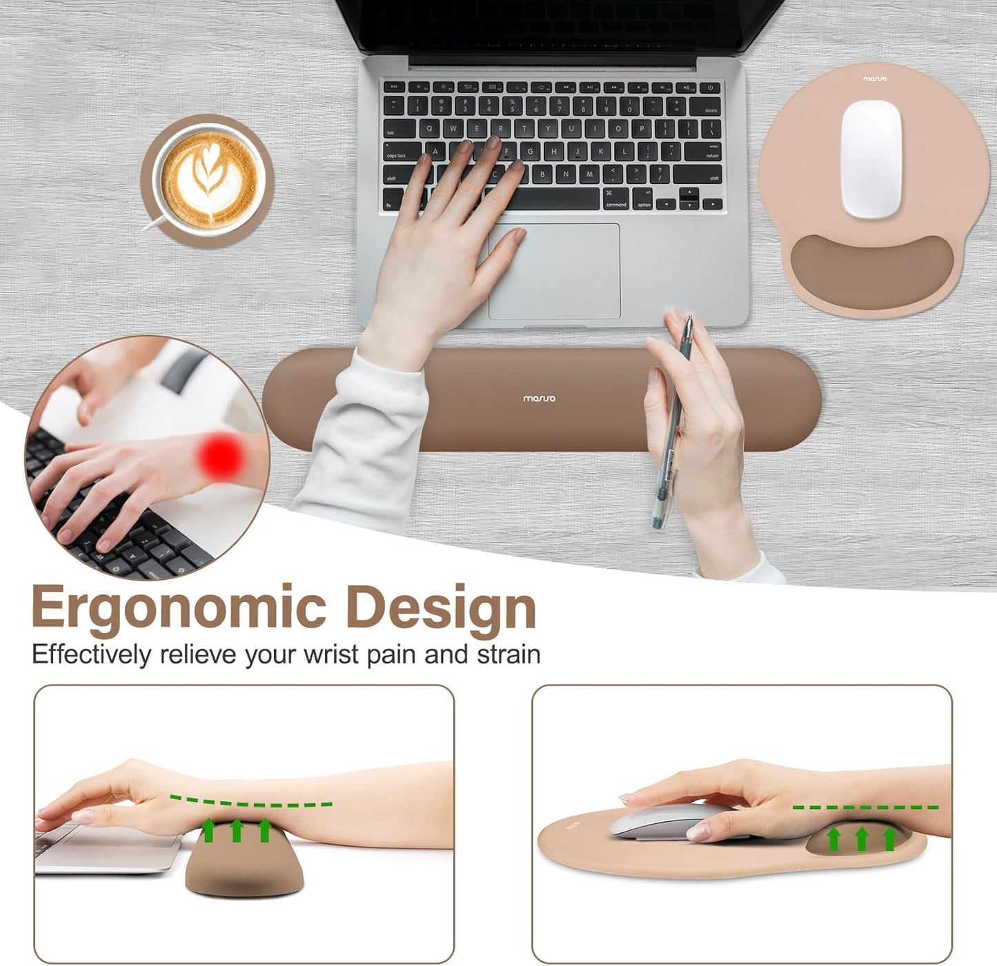 MOSISO Wrist Rest Support for Mouse Pad&Keyboard Set, Circle Curved Ergonomic Mousepad&Coaster Non-Slip Base Home/Office Pain Relief&Easy Typing Pad with Soft Cloth&Silicone Lining, Antique Green