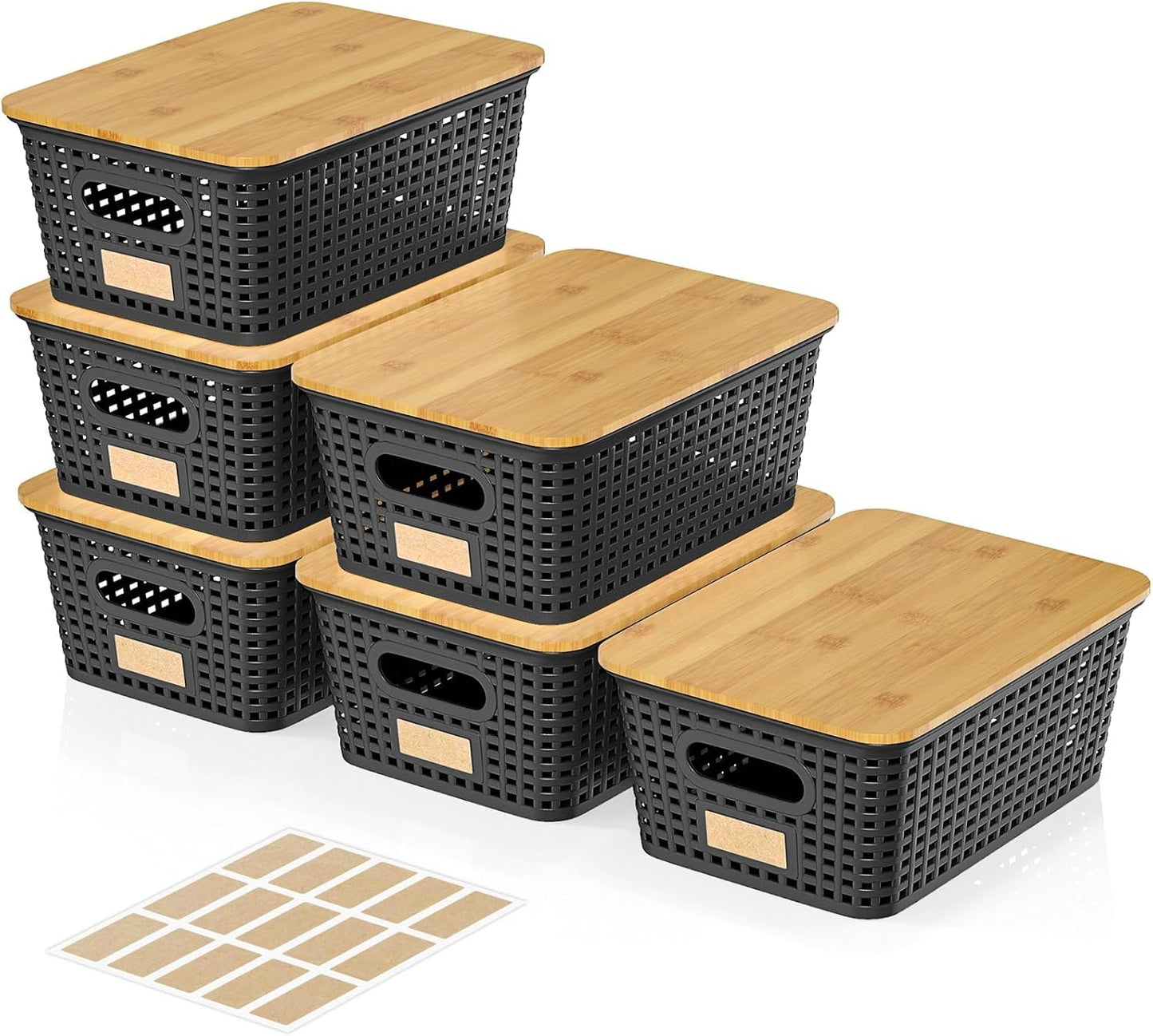 6Pcs Storage Bins with Lids, Stackable Plastic Storage Basket with Bamboo Lid, Pantry Organizer Box Small Containers for Organizing Shelves Drawer Desktop Closet Cabinet Office Classroom 10x7.1x4.1in