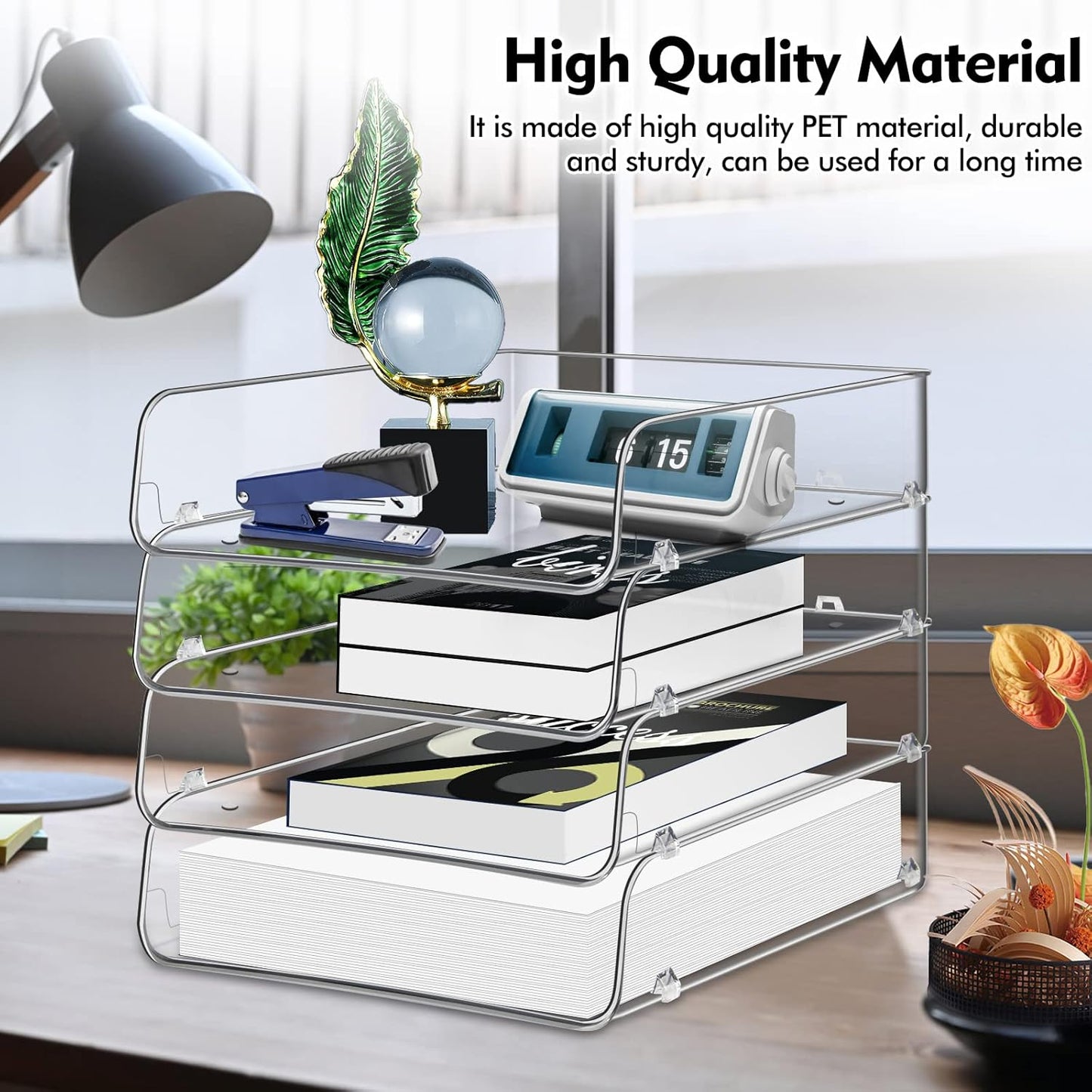 Stackable Paper Trays, 4 Tier Desk File Organizer, Document Letter Tray for Office Supplies, Magazine